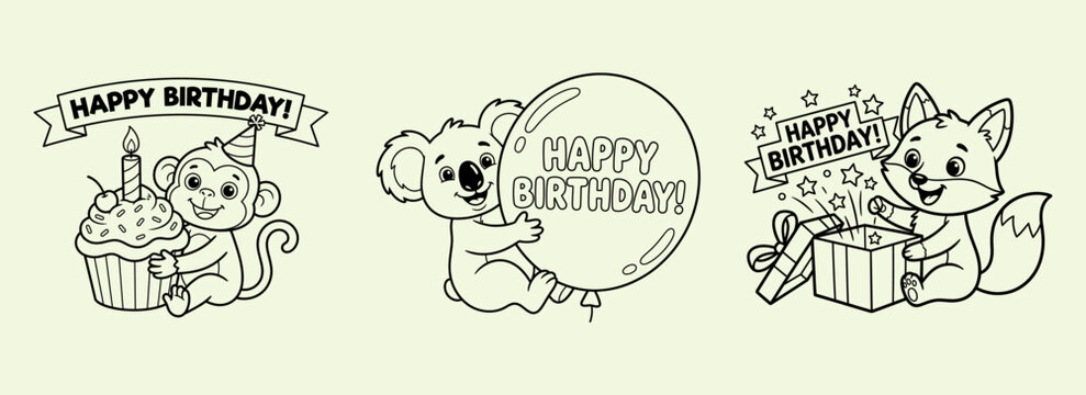 Charming animal birthday illustrations cute koala fox and monkey designs for party decorations and greetings
