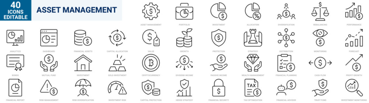 Asset Management Line Icons Set. Outline Wealth Management, Investment Portfolio, Financial Assets, Editable Stroke Vector Collection