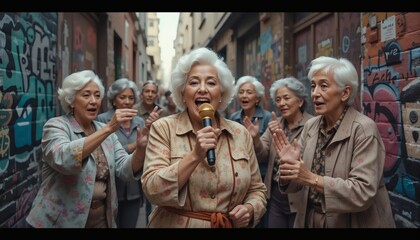 Fototapeta premium Senior women singing joyfully in urban alley
