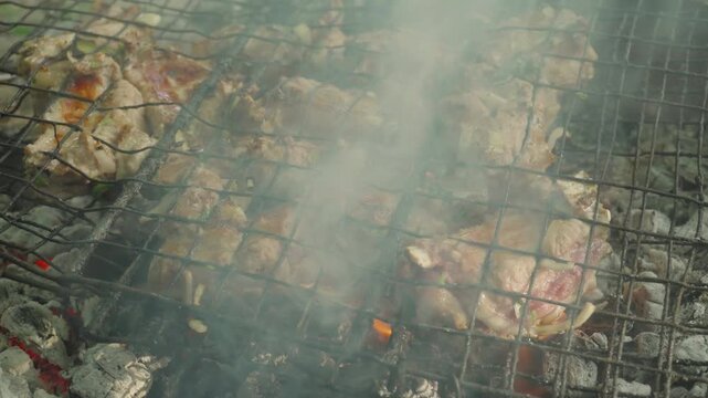 They roast meat over an open fire while the smoke rises into the air. Barbecue in nature as an active recreation.