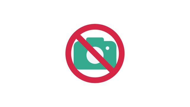 No photography allowed sign animation. Red prohibition circle with green camera icon on white background