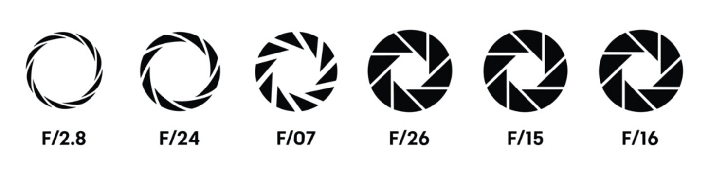 Camera Aperture Settings: A series of graphic illustrations display different camera aperture settings, showcasing the opening and closing blades and their corresponding f-stop values.