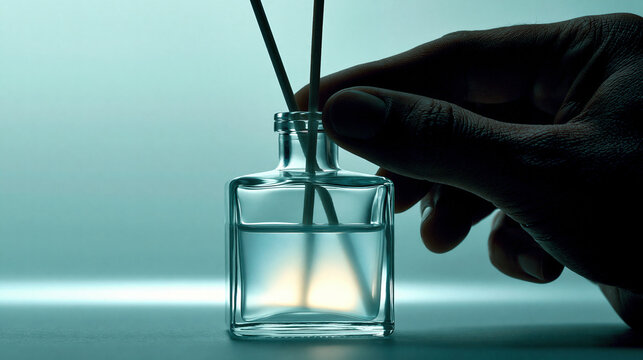 luxury reed diffuser bottle with hand adjusting sticks against pale green background