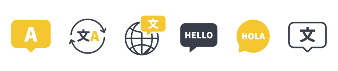 Language Translation Icons: A collection of stylized icons representing language translation, including speech bubbles with characters, a globe with a character, and phrases like Hello and Hola. © Jibit