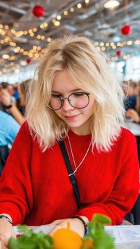 Young woman with blonde hair and round glasses wearing a red sweater sitting at a cafe table reading a menu while surrounded by blurred holiday decorations in the background during the wintertime