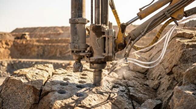 Autonomous open pit drill head over borehole pattern with hydraulic cylinders, dust suppression lines, and rugged rock textures on a mine bench.