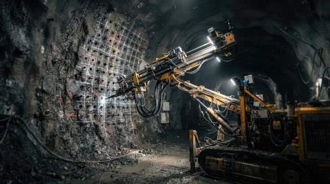 Autonomous explosives loading robot in hard rock mine tunnel with blast hole grid, sensor pods, and reinforced rock face