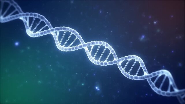 Slow rotating glowing DNA double helix on blue abstract background
