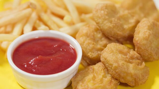 Crispy chicken nuggets served with golden French fries and tomato ketchup on yellow plate, Classic fast food meal with a clean, minimal presentation