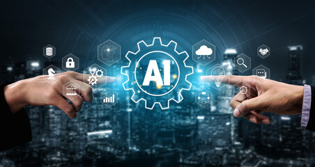 Obraz premium Hands Reaching Out to AI Concept Symbolizing Technology and Innovation in the Digital Age with City Skyline Background Quark.