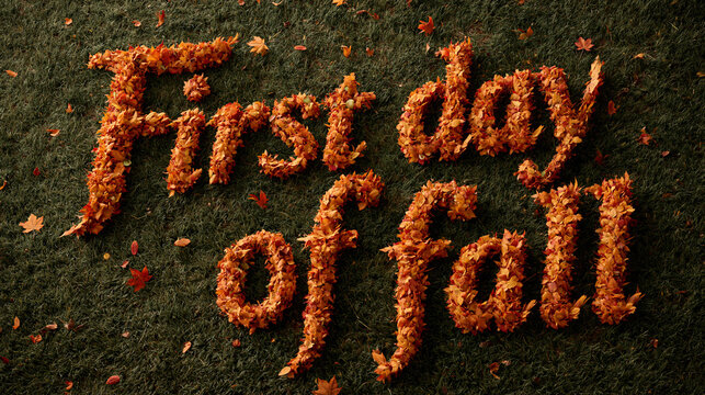 "First day of fall" phrase written with orange autumn leaves on dark green grass, top view.