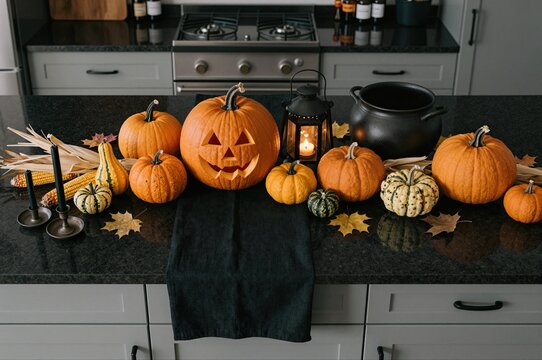 pumpkin arrangement with jack-o-lantern and candle on kitchen counter celebrating halloween