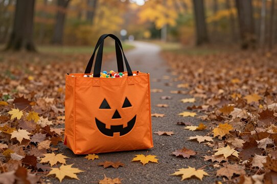 orange bag with jack o'lantern face filled with candy on a leaf-covered path during autumn