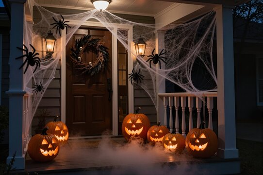 spooky halloween porch with carved pumpkins, spider webs, and fog creating an eerie nighttime ambiance