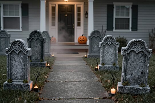 haunted halloween night with tombstones and jack-o'-lanterns in front yard, spooky atmosphere
