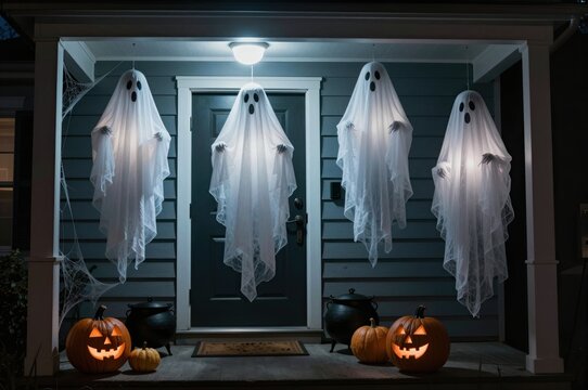 halloween decoration with hanging ghost figures and carved pumpkins on a front porch at night