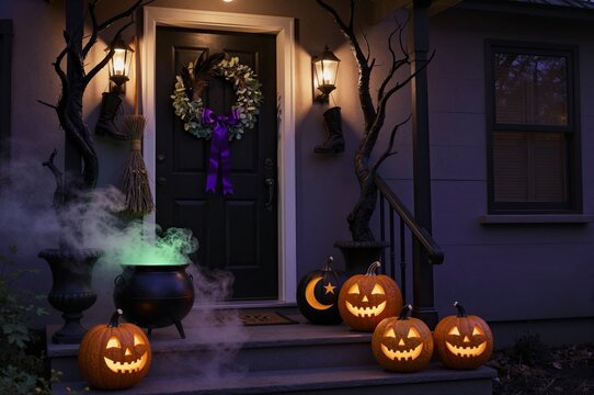 halloween night decorations with glowing pumpkins and cauldron on porch creating spooky atmosphere