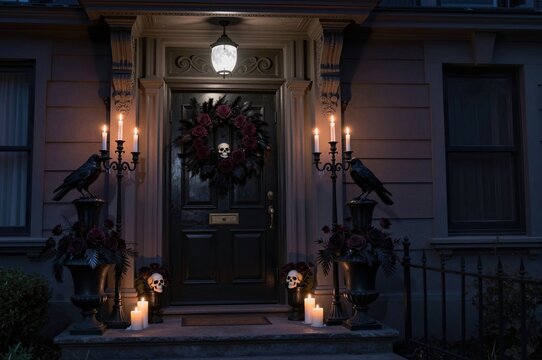 spooky halloween decorated porch with skull wreath and crows at night for festive october celebration