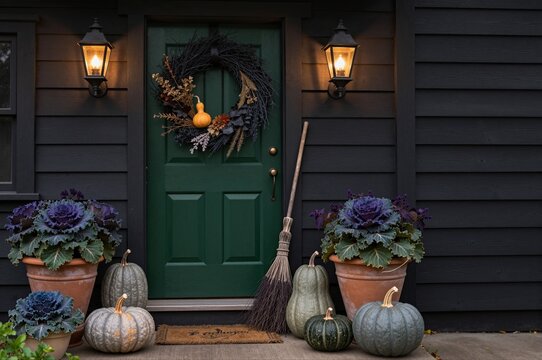 rustic autumn porch decor with pumpkins and cabbages by a green door at dusk emphasizing cozy ambiance
