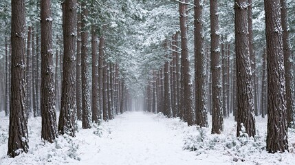 Obraz premium Snowy pine forest path with tall trees creating a symmetrical alleyway under a soft winter sky