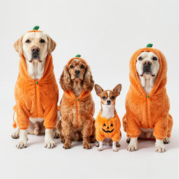 four dogs wearing pumpkin costumes sitting in a row celebrating halloween with playful expressions