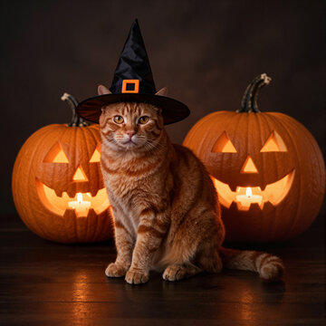 orange tabby cat wearing witch hat sitting among carved pumpkins with glowing candles for halloween