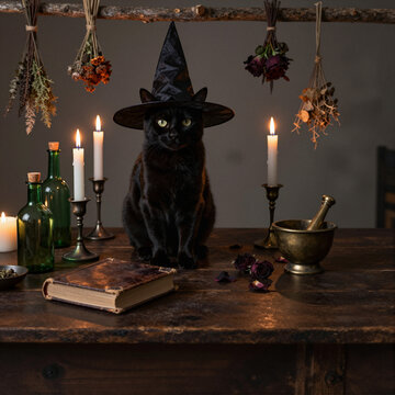 black cat with witch hat among candles and herbs on wooden table in dimly lit halloween setting