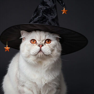 adorable white cat wearing witch hat looking upward on halloween portrait with black background