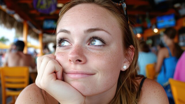 Cheerful woman with green eyes sits at a lively tropical bar during the daytime, gazing away with a thoughtful smile while resting her chin on her hand in a relaxed and peaceful state of mind