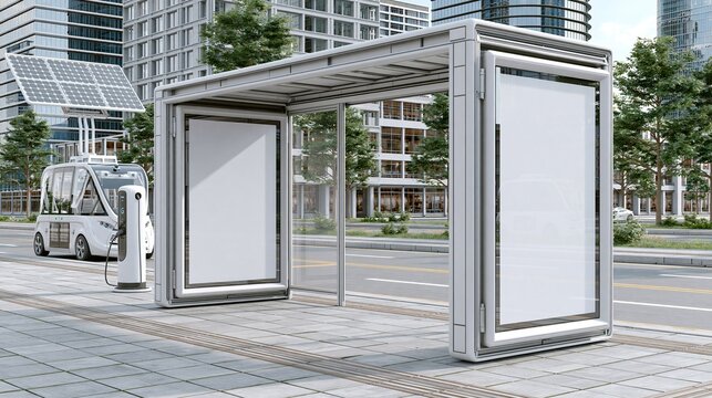 Modern solar-powered autonomous shuttle charging at a futuristic bus stop with digital displays in an urban setting
