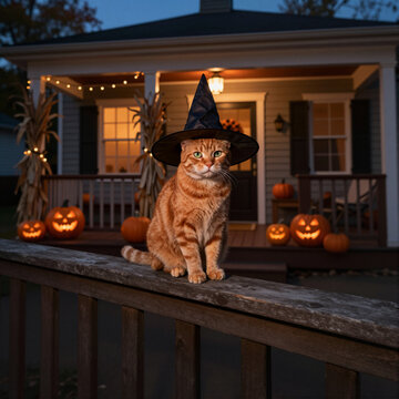 orange tabby cat wearing witch hat on porch rail during halloween night with pumpkins and lights