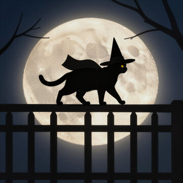 black cat wearing witch hat walking along fence under full moon on halloween night spooky scene