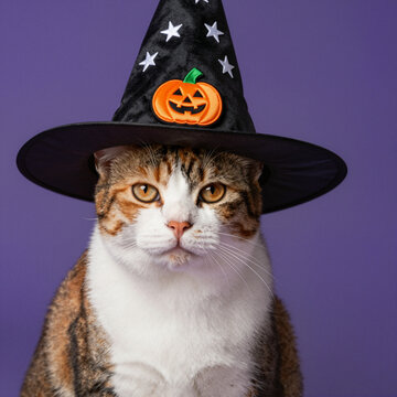 cat wearing halloween witch hat with pumpkin decoration on purple background, concept of spooky fun