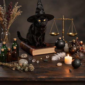 black cat wearing witch hat surrounded by mystical objects in a witchcraft themed still life