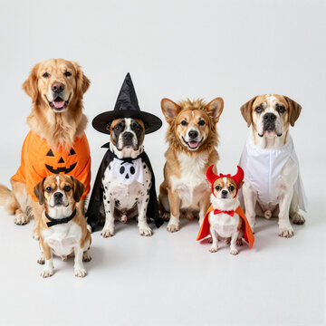 group of dogs in halloween costumes posing cheerfully against white background theme of pet holiday fun