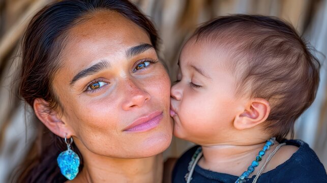 Close up view of a tender moment where a loving mother with tanned skin holds her baby close as the toddler kisses her face with affection while they spend time together in a natural light setting
