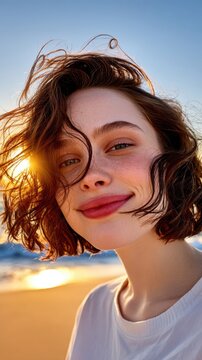 Happy young woman enjoys the warm glow of the sunset on a sandy beach while the bright sun shines through her wavy hair and creates a soft light on her face