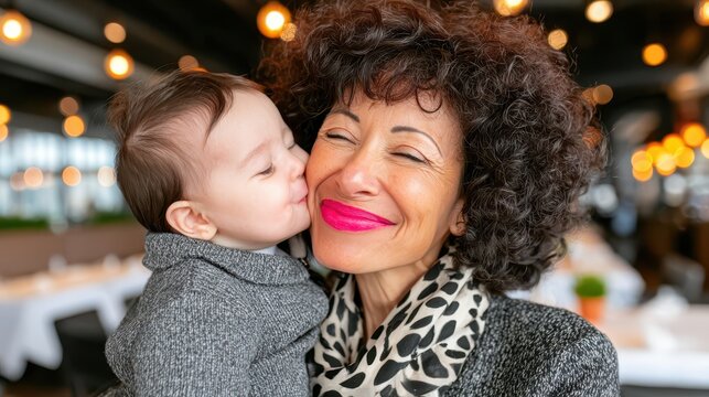 Joyful mother with curly hair embraces her sweet child who shows love by kissing her face in a warm dining setting filled with soft glowing lights during the day