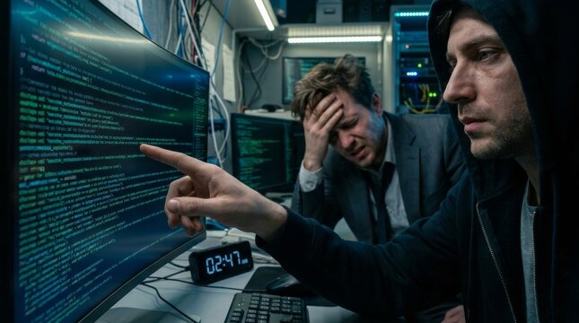 Two software developers reviewing intricate code across several monitors in a modern office setting