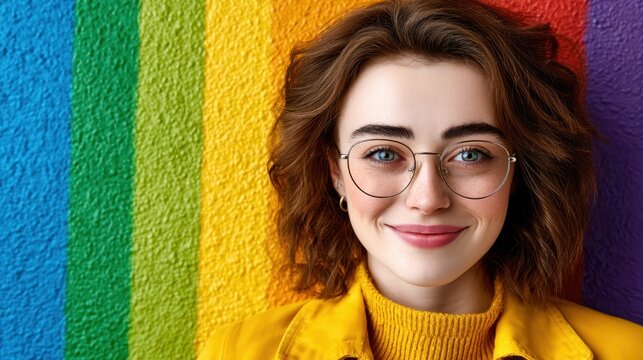 Smiling young woman wearing glasses and a yellow sweater stands happily against a vibrant rainbow wall during a bright daytime session