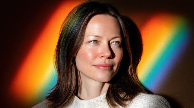 Young woman with clear skin gazes off into the distance as vibrant rainbow beams illuminate her face and dark hair against a plain wall indoors