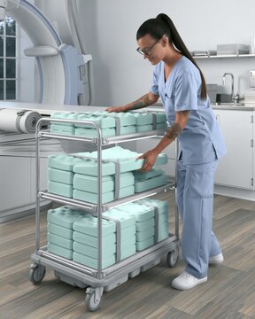Healthcare worker arranging patient positioning wedges on a medical cart