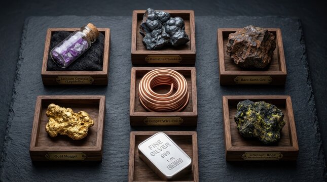 Diversified mineral basket with copper, iron, lithium, rare earth, gold, silver, and uranium samples for commodity investing