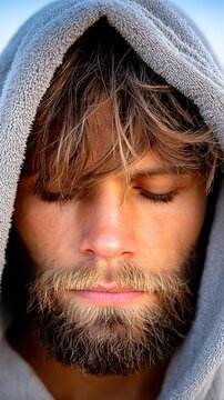 Close up of a peaceful man resting with his eyes closed while wearing a warm hooded towel around his head to dry off after a refreshing swim on a bright sunny day