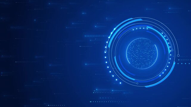 Futuristic blue data ring visual circular HUD elements, glowing dots, and wide empty space for titles. software explainers, cyber reports, analytics clips, interface demos, animated overlays.