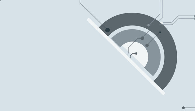 Abstract futuristic circular diagram with connecting lines and nodes on a light blue background, representing technology and data