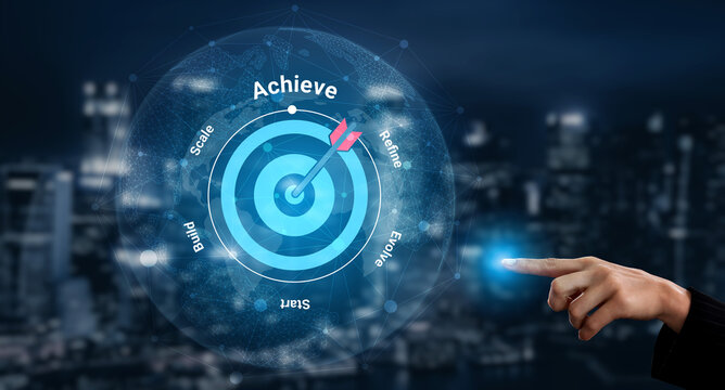 Visual representation of business achievement and strategy focusing on digital innovation in a modern technology landscape, emphasizing target success and growth metrics. Gantry