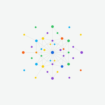Vibrant abstract network illustration with multicolored connected dots, symbolizing digital technology, data exchange, global communication, and complex systems.