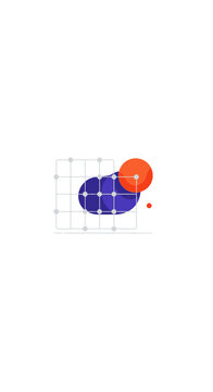 Abstract geometric shapes illustration with overlapping blue oval, orange circle, and grid pattern representing data analysis and strategic planning.