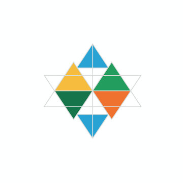 Vibrant abstract geometric logo design with interconnected colorful triangles forming a unique modern symbol on a clean white background.
